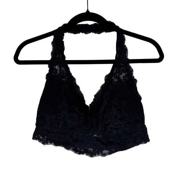 DOBREVA Padded Floral Halter Lace Wireless Bralette Black Large Intimates Bra - Picture 2 of 11